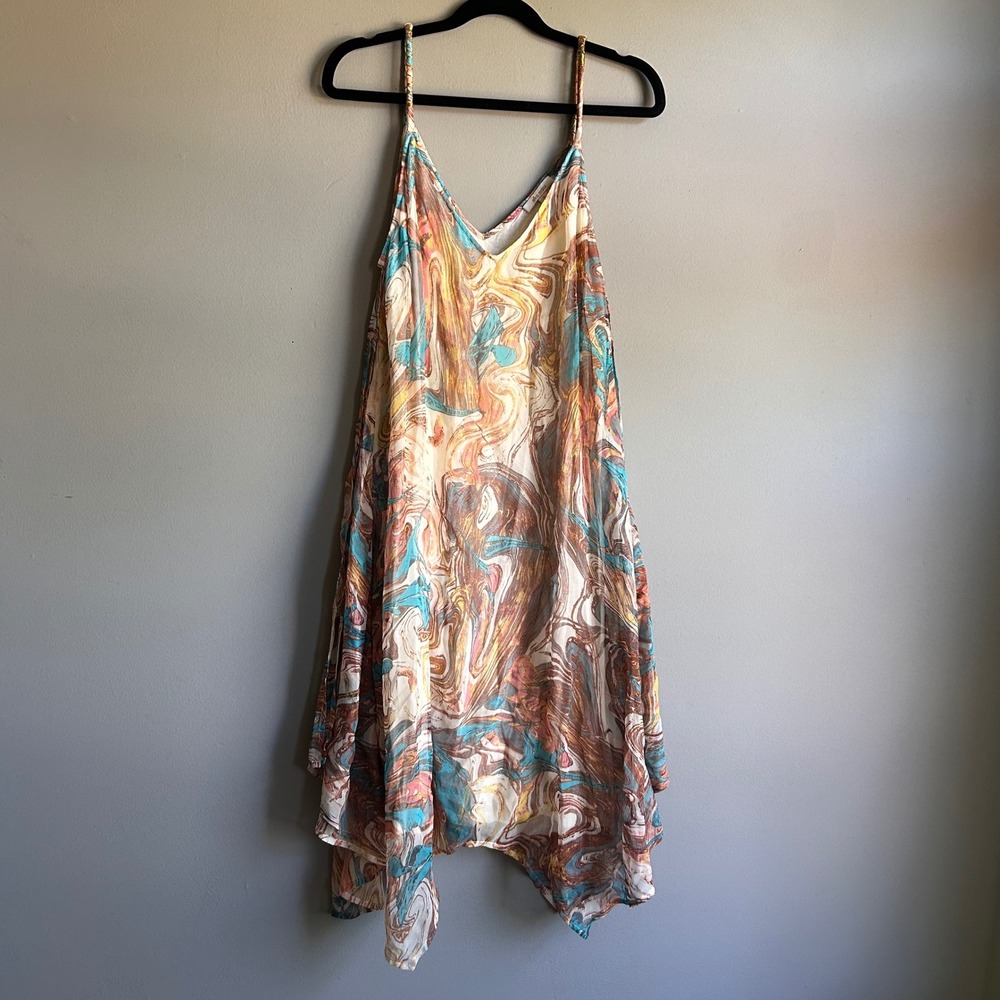 Ella Moss Womens Silk Marble Print Handkerchief Hem Midi Dress ED17073 Brown M